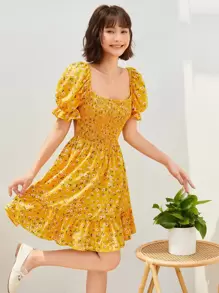 Soleia Ditsy Floral Print Shirred Dress,Summer Dresses For Women - Yellow - View 4