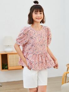 SHEIN VCAY 小碎花荷葉邊下擺上衣 - 彩色 - 查看 4