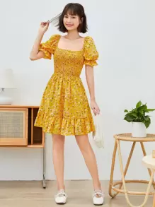 Soleia Ditsy Floral Print Shirred Dress,Summer Dresses For Women - Yellow - View 5