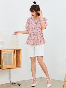 SHEIN VCAY 小碎花荷葉邊下擺上衣 - 彩色 - 查看 5