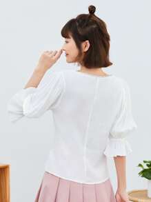 SHEIN Square Neck Ruffle Cuff Curved Hem Blouse - White - View 2