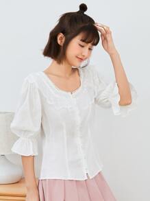 SHEIN Square Neck Ruffle Cuff Curved Hem Blouse - White - View 4