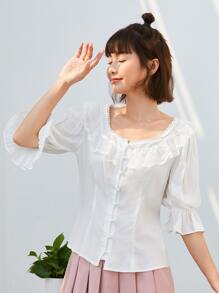 SHEIN Square Neck Ruffle Cuff Curved Hem Blouse - White - View 5