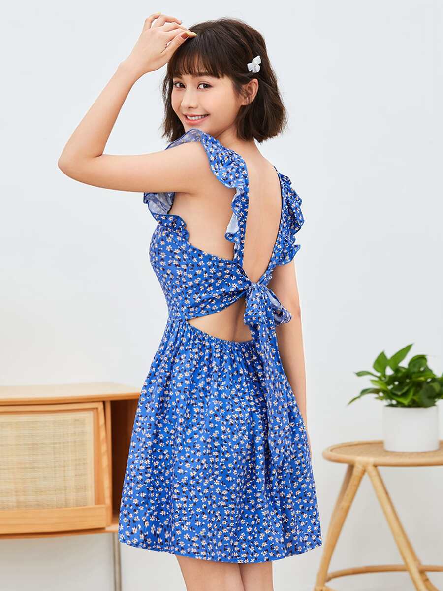 SHEIN Ditsy Floral Ruffle Armhole Tie Backless Dress - Multicolor - View 1