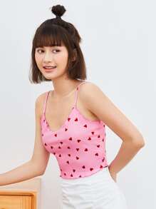 SHEIN PETITE Áo hai dây Xù nhỏ Tim Tất cả trên in Gợi cảm - Hồng - Xem 1