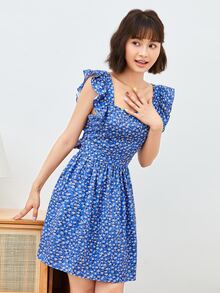 SHEIN Ditsy Floral Ruffle Armhole Tie Backless Dress - Multicolor - View 5