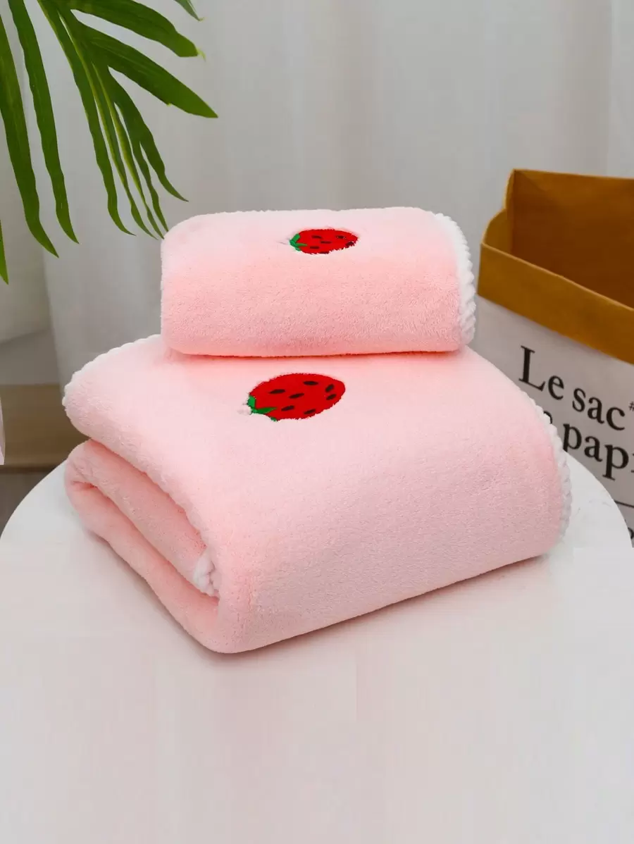 1pc Fruit Embroidered Ultra Fine Fiber Towel (Bath Towel/Hand Towel) Home Bathroom Decor - Pink - View 1