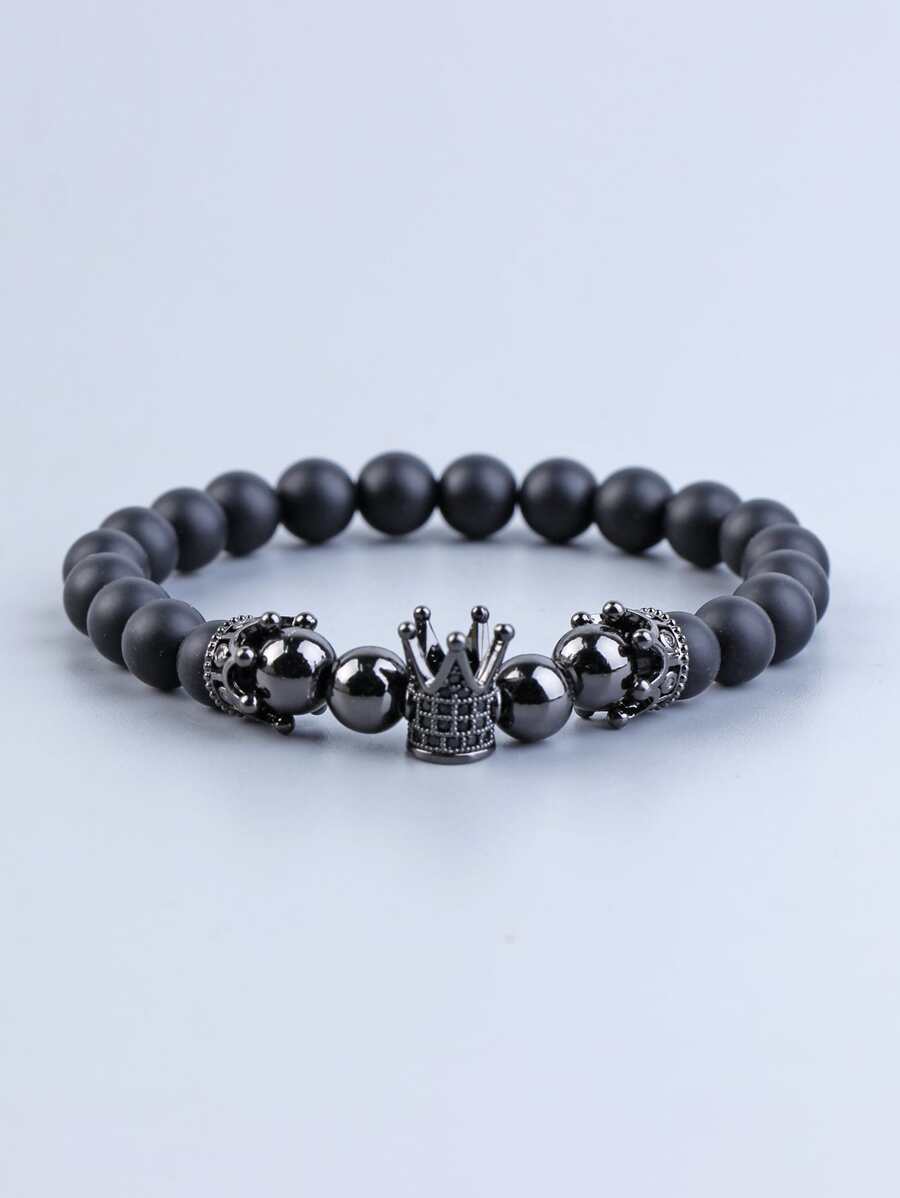 時尚流行男士皇冠裝飾串珠手鍊，適合珠寶禮物和時尚外觀 - 黑色 - 查看 1