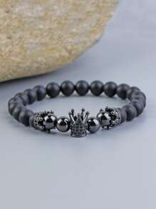 時尚流行男士皇冠裝飾串珠手鍊，適合珠寶禮物和時尚外觀 - 黑色 - 查看 3