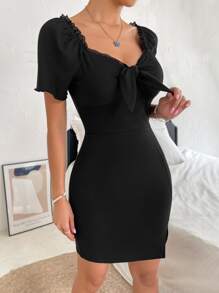 Contrast Lace Split Hem Bodycon Dress - Black - View 6