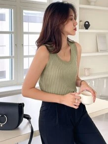 DAZY Solid Rib Knit Tank Top - Olive Green - View 1