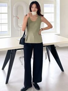 DAZY Solid Rib Knit Tank Top - Olive Green - View 4