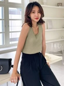 DAZY Solid Rib Knit Tank Top - Olive Green - View 5
