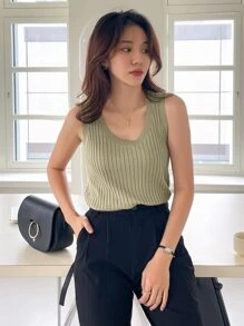 DAZY Solid Rib Knit Tank Top - Olive Green - View 6