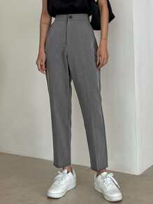 DAZY Solid High Waist Tailored Trousers - Grey - View 5