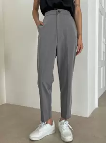 DAZY Solid High Waist Tailored Trousers - Grey - View 6