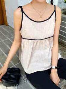 DAZY Top De Tirantes Con Nudo En Los Hombros Y Ribetes De Contraste - Caqui - Ver 1