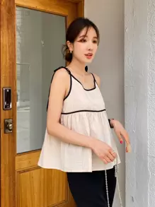 DAZY Top De Tirantes Con Nudo En Los Hombros Y Ribetes De Contraste - Caqui - Ver 3