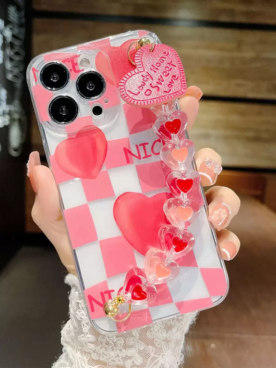 Funda para teléfono con correa de muñeca con patrón de corazón - Multicolor - Ver 1