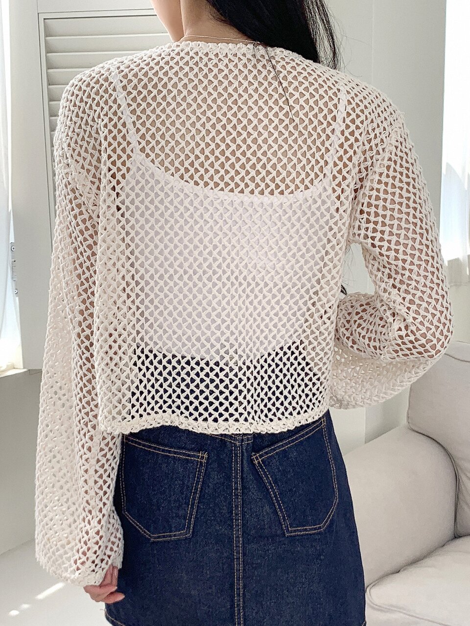 Drawstring Front Bell Sleeve Sheer Blouse Without Cami Top