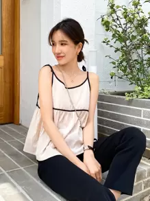 DAZY Top De Tirantes Con Nudo En Los Hombros Y Ribetes De Contraste - Caqui - Ver 7