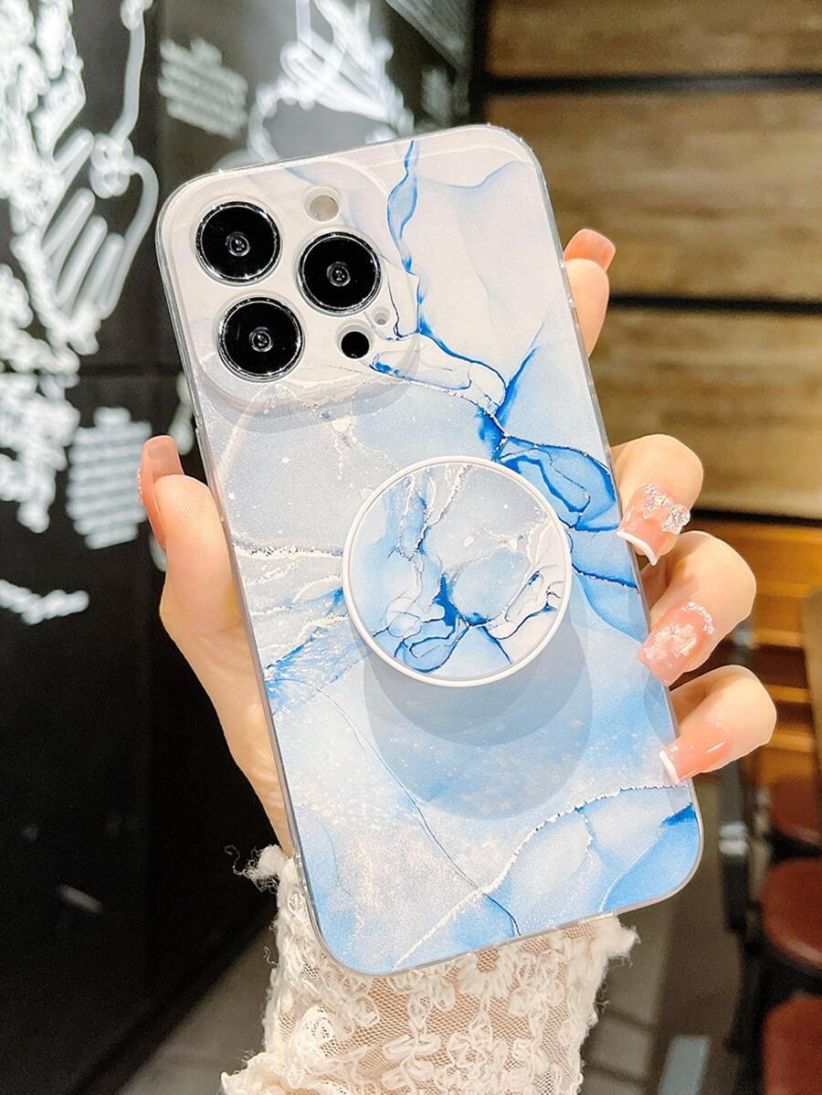 Funda de teléfono con patrón de mármol azul y agarre de teléfono destacado - Multicolor - Ver 1