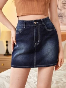 ROMWE Falda en mezclilla con lavado - Azul lavado oscuro - Ver 1