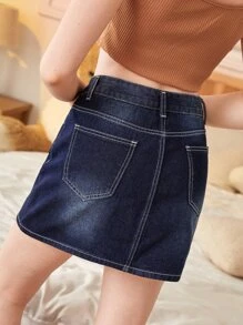 ROMWE Falda en mezclilla con lavado - Azul lavado oscuro - Ver 2