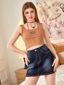 ROMWE Falda en mezclilla con lavado - Azul lavado oscuro - Ver 4