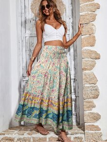 BTFBM Floral & Paisley Print Shirred Ruffle Hem Maxi Skirt - Multicolor - View 3