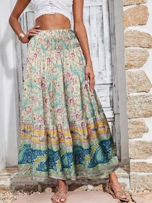 BTFBM Floral & Paisley Print Shirred Ruffle Hem Maxi Skirt - Multicolor - View 4