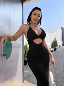 SHEIN SXY Robe unicolore découpe ras-du-cou - Noir - Voir 4