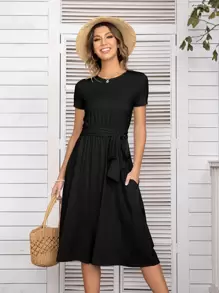 DEARCASE Đầm Thắt lưng Túi màu trơn Giải trí - màu đen - Xem 1