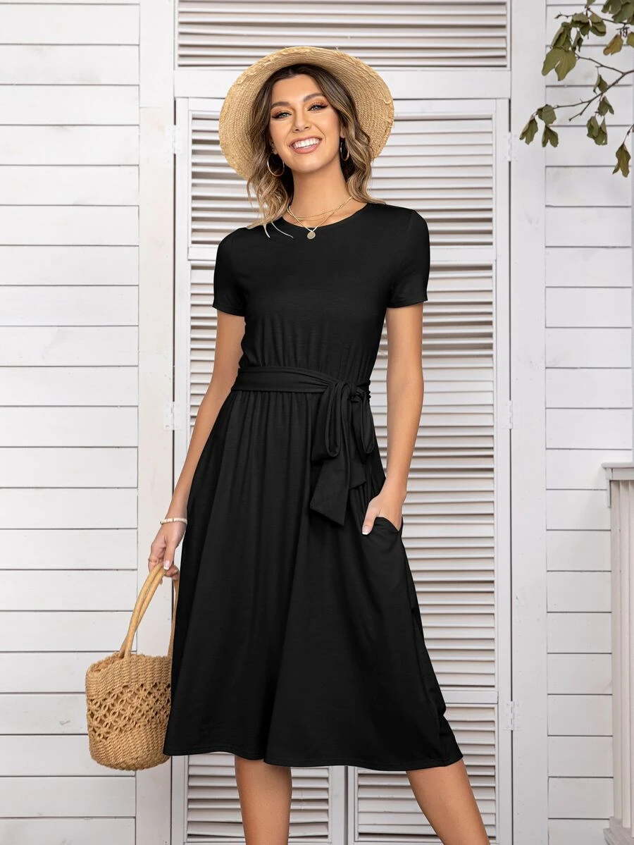 DEARCASE Đầm Thắt lưng Túi màu trơn Giải trí - màu đen - Xem 1