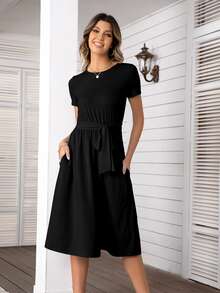 DEARCASE Đầm Thắt lưng Túi màu trơn Giải trí - màu đen - Xem 4