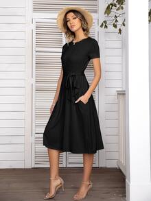 DEARCASE Đầm Thắt lưng Túi màu trơn Giải trí - màu đen - Xem 5