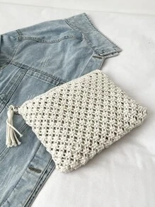 Minimalist Tassel Decor Crochet Bag - White - View 2
