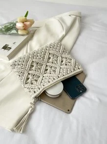 Minimalist Tassel Decor Crochet Bag - White - View 5