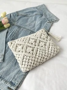 Minimalist Tassel Decor Crochet Bag - White - View 1
