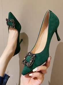 Suedette Rhinestone Decor Point Toe Stiletto Heeled Court Pumps - Green - View 1