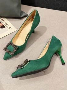 Suedette Rhinestone Decor Point Toe Stiletto Heeled Court Pumps - Green - View 2