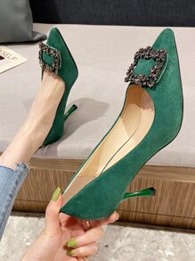 Suedette Rhinestone Decor Point Toe Stiletto Heeled Court Pumps - Green - View 4