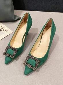Suedette Rhinestone Decor Point Toe Stiletto Heeled Court Pumps - Green - View 5