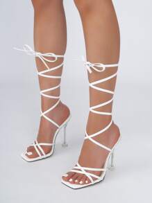 Women Minimalist Tie Leg Design Stiletto Heeled Strappy Sandals, Elegant Summer Heeled Sandals - White - View 3