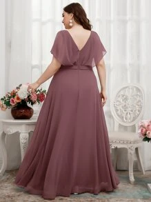 SHEIN Belle Plus Solid Ruffle Lettuce Trim V-Back Bridesmaid Dress - Redwood - View 3