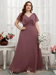 SHEIN Belle Plus Solid Ruffle Lettuce Trim V-Back Bridesmaid Dress - Redwood - View 4