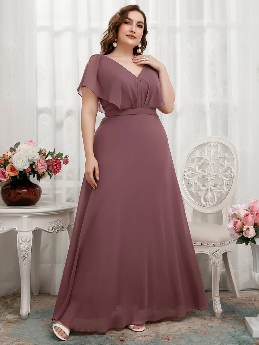 SHEIN Belle Plus Solid Ruffle Lettuce Trim V-Back Bridesmaid Dress - Redwood - View 1