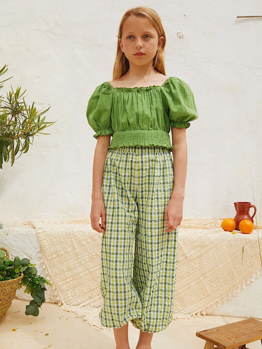 SHEIN 女孩泡泡袖打褶上衣和格紋印花長褲