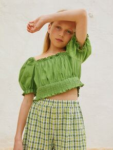 SHEIN 女孩泡泡袖打褶上衣和格紋印花長褲