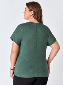 EMERY ROSE Camiseta de manga murciélago con diseño de botón - Verde Oscuro - Ver 2